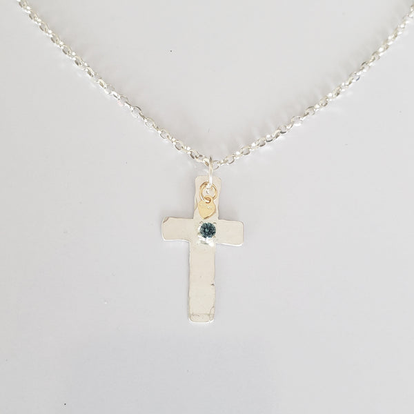 Cross with Tiny Gold Heart & Birthstone image 0